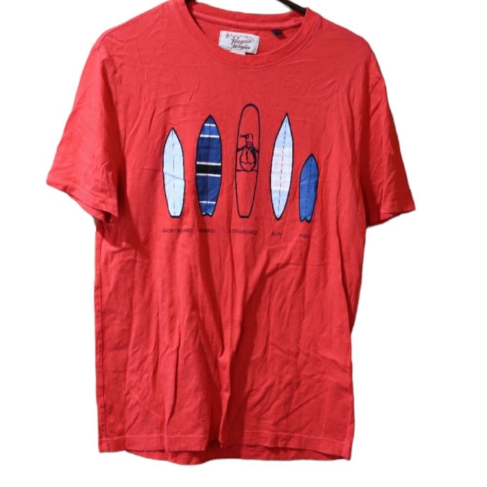 Original Penguin Red Surf Board Graphic T-Shirt Large Preppy Beach Casual Tee
